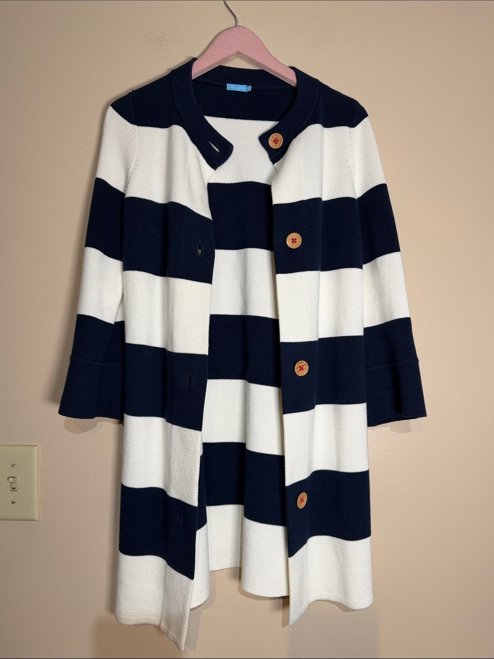 J. McLaughlin Navy and White Striped Knit Cardigan Coat